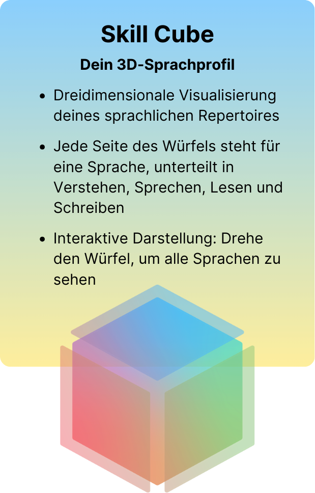 Eine dekorative Abbildung zum Skill Cube, darunter steht: 
Skill Cube.
Dein 3D-Sprachprofil

Dreidimensionale Visualisierung deines sprachlichen Repertoires

Jede Seite des Würfels steht für eine Sprache, unterteilt in Verstehen, Sprechen, Lesen und Schreiben

Interaktive Darstellung: Drehe den Würfel, um alle Sprachen zu sehen