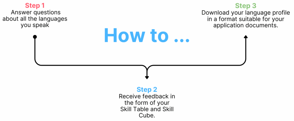 A schematic illustration of the MARE Assessment Tool.
Step 1
 Answer questions about all the languages you speak

Step 2
Receive feedback in the form of your Skill Table and Skill Cube.

Step 3
Download your language profile in a format suitable for your application documents.
